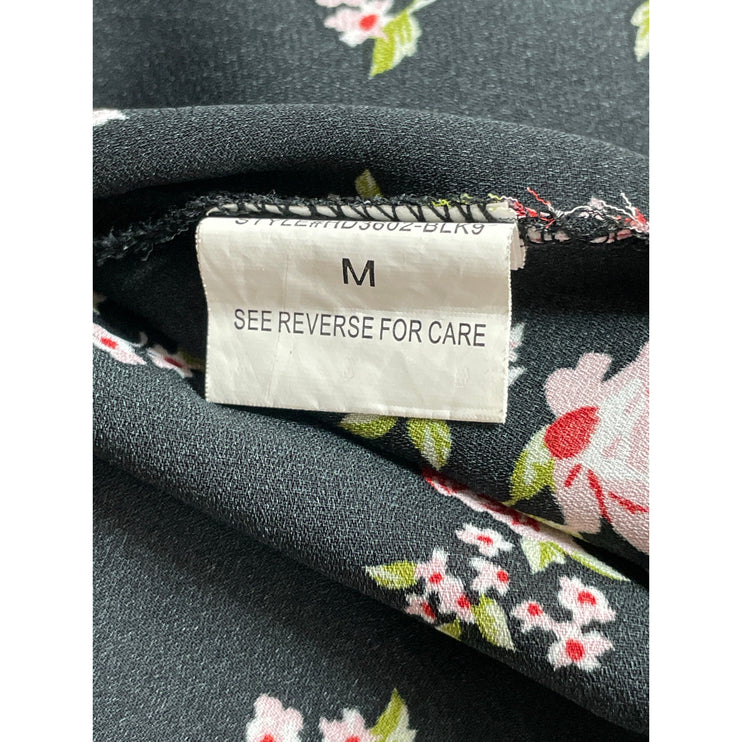 Hesperus Black Floral Ditsy Short Puff Sleeve Tie Smocked A Line Midi Dress Sz M