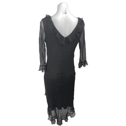 Jonathan Martin 100% Silk Black Polka Dot Ruffle V-neck Midi Bodycon Dress Sz 10
