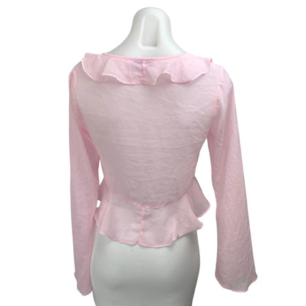 Edikted Women's Pink Long Sleeve Ruffle Plunge Tie Peplum Blouse Crop Top Size S