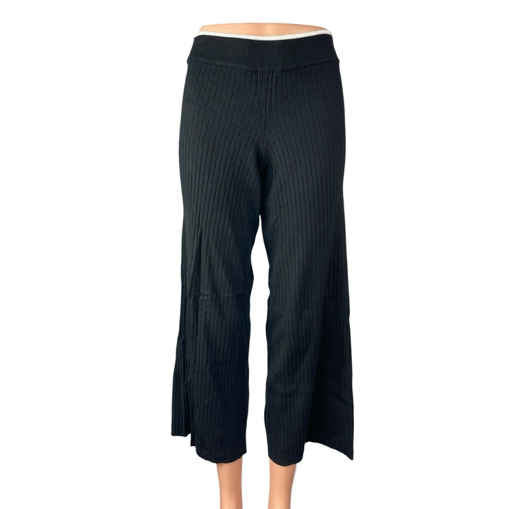 Marled Women's Black Ribbed Knit High Rise Wide Leg Cropped Trousers Pants Sz XS