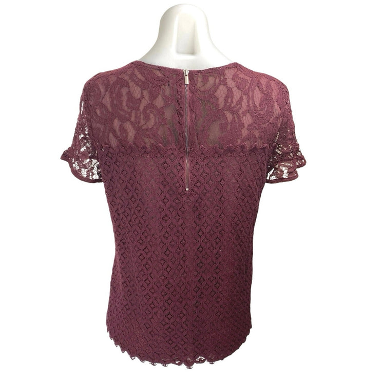 Ann Taylor Women's Red Maroon Short Sleeve Zi Floral Lace Blouse Top Size S