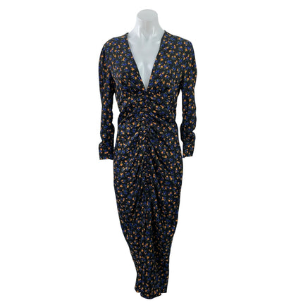 NEW Topshop Black Floral V Neck Long Sleeve Ruched Midi Sheath Dress Size 8