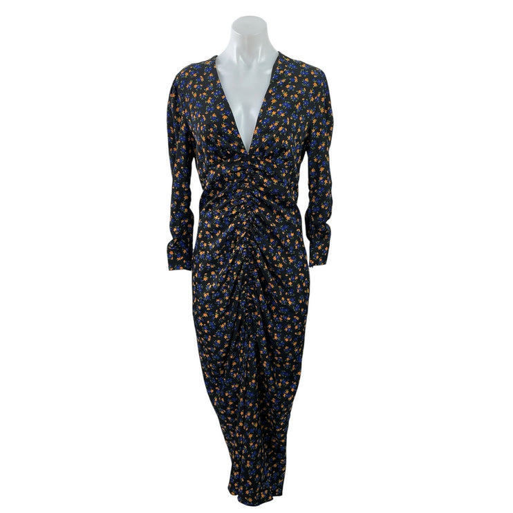 NEW Topshop Black Floral V Neck Long Sleeve Ruched Midi Sheath Dress Size 8