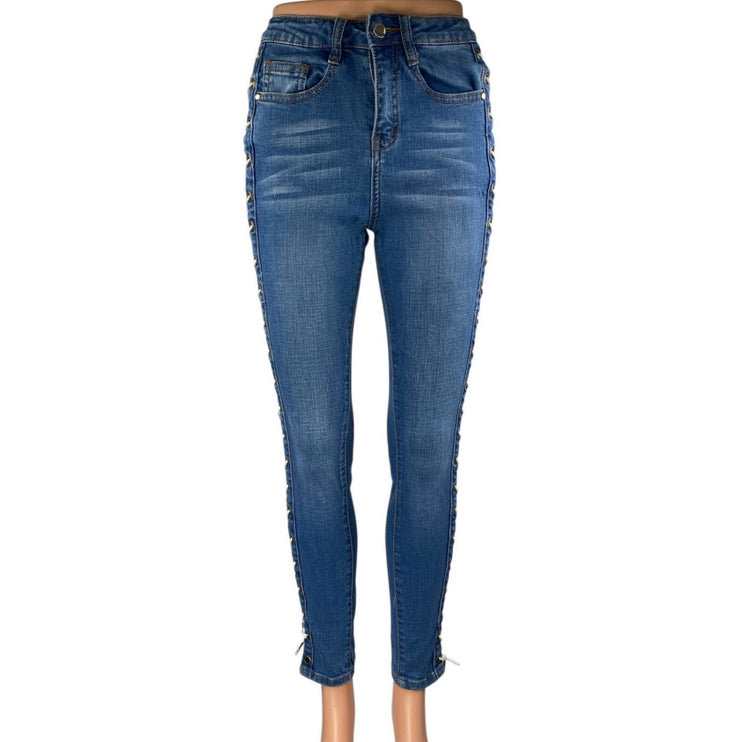 Fashion Nova Blue Side Lace Up Criss Cross High Waisted Skinny Jeans Size 26