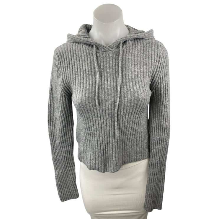 Stradivarius Women's Gray Ribbed Knit Hoodie Hooded Cropped Sweater Top Size S