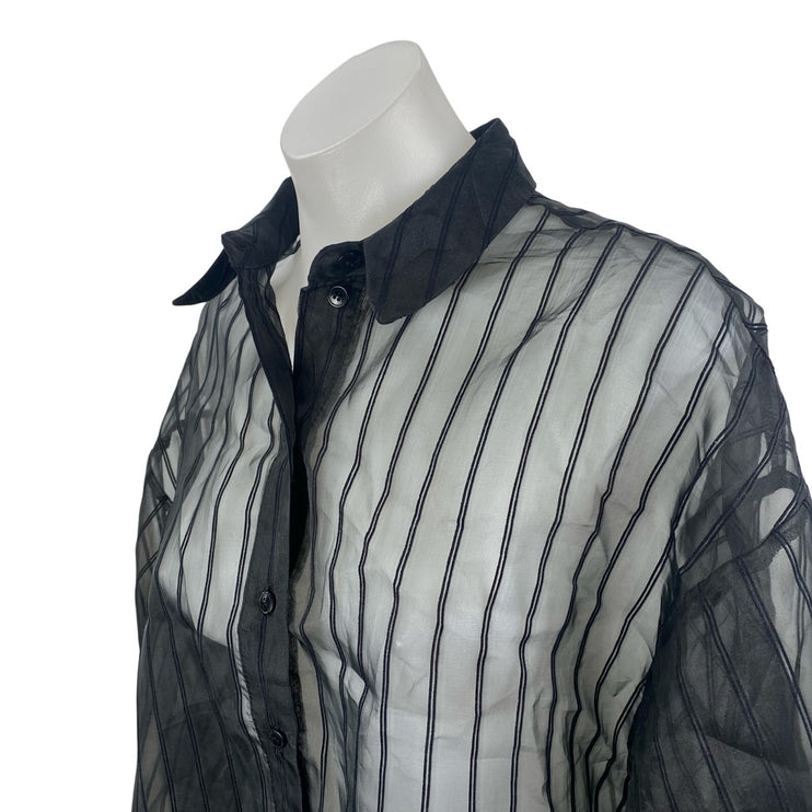 Topshop Women's Black Sheer Mesh Striped Long Sleeve Button Down Tunic Dress 4