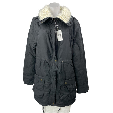 MEWOW Womens Black Faux Lamb Wool Mid Length Thick Warm Winter Coat Jacket Sz M