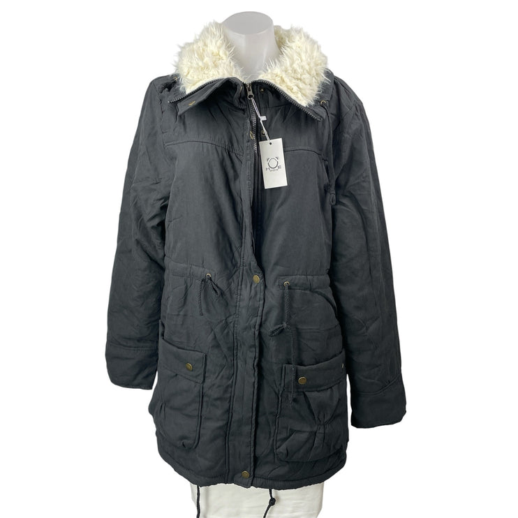 MEWOW Womens Black Faux Lamb Wool Mid Length Thick Warm Winter Coat Jacket Sz M
