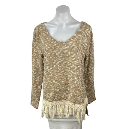 Entro Women's Beige Patterned Fringe Tassels Long Sleeve Bohemian Sweater Top S