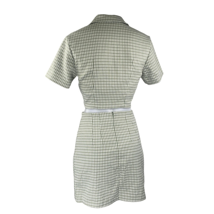 Brandy Melville Green Plaid Button Up Short Sleeve Crop Top Mini Skirt Set Sz S