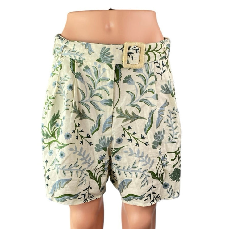Mango MNG Women's Green White Floral Belted High Waisted Wide Leg Mini Shorts 8