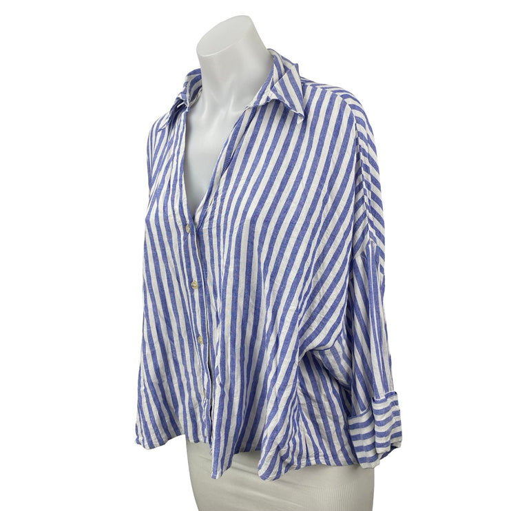 Zara Women's Blue Striped Long Sleeve V Neck Button Down Blouse Shirt Top Size M