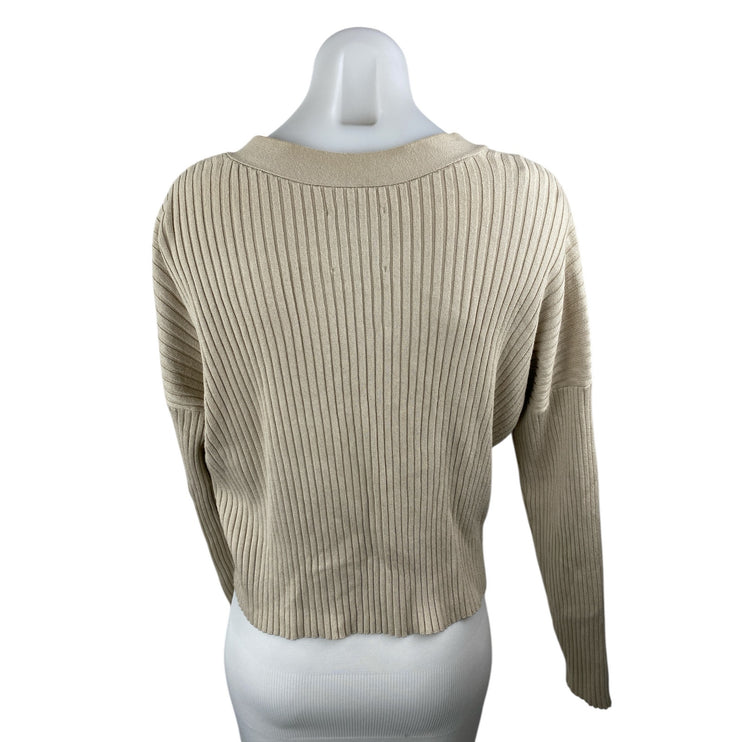 Abercrombie & Fitch Beige Ribbed V Neck Long Sleeve Crop Cardigan Sweater Top L