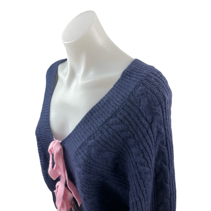 Cider Women's Navy Blue V Neck Cable Knit Tie Knot Cardigan Sweater Top Size 2XL