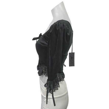 Dolls Kill Widow Black Velvet Velour Lace Sheer 3/4 Sleeve Crop Blouse Top XXS