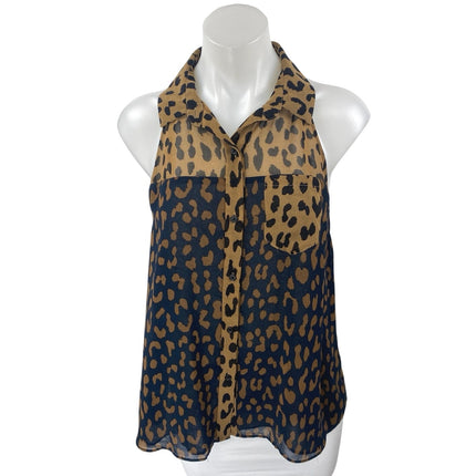 Rachel Roy Tan Black Animal Leopard Print Sleeveless Button Up Shirt Tank Top S
