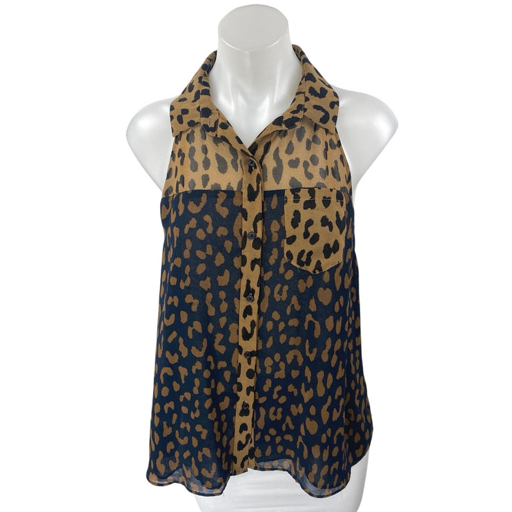 Rachel Roy Tan Black Animal Leopard Print Sleeveless Button Up Shirt Tank Top S