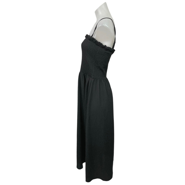 H&M Womens Black Smocked Sleeveless Midi Cami Camisole Tank Flare A-Line Dress L
