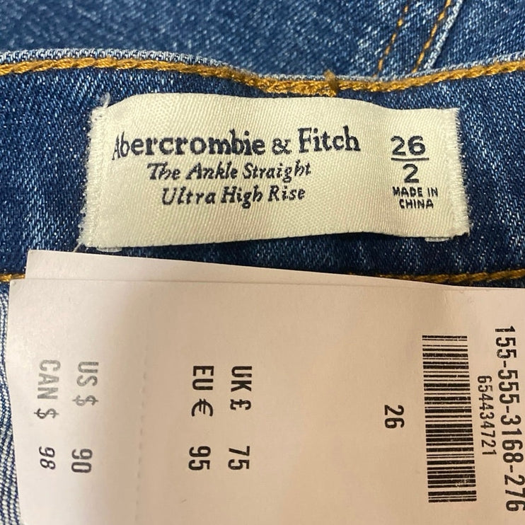 NEW Abercrombie & Fitch The Ankle Straight Women's Blue High Rise Denim Jeans 26