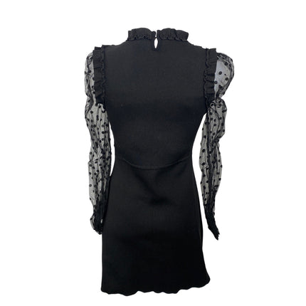 Zara Black Ruffle Mesh Polka Dot Long Sleeve Mock Neck A Line Mini Dress Size M