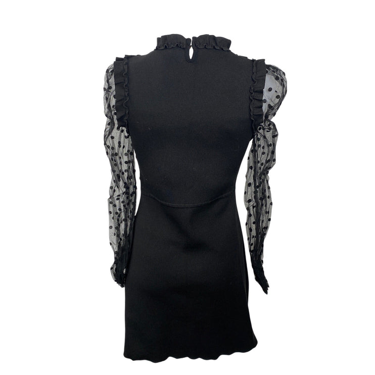Zara Black Ruffle Mesh Polka Dot Long Sleeve Mock Neck A Line Mini Dress Size M