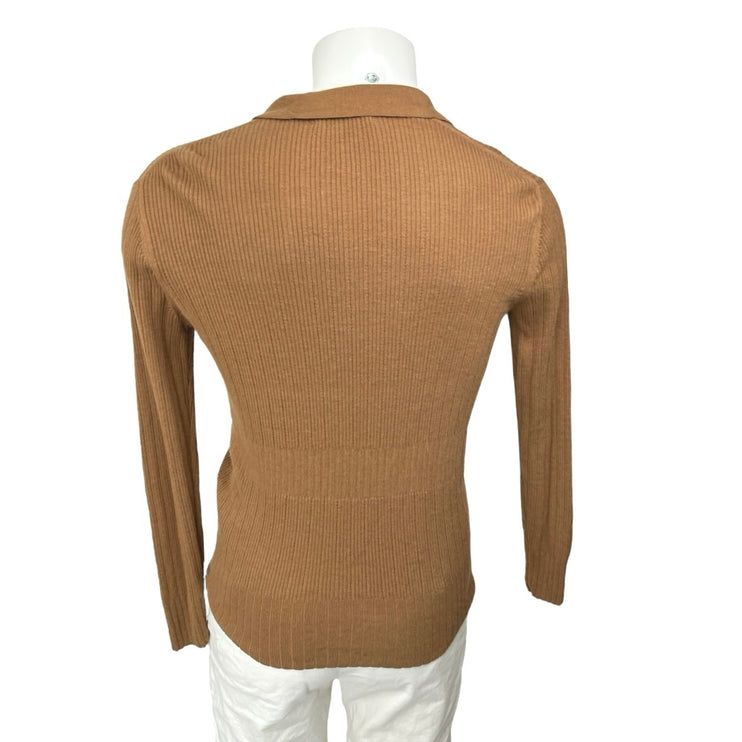 Club Monaco Men's Brown Rib Knit Long Sleeve Collared V-Neck Sweater Top Size L