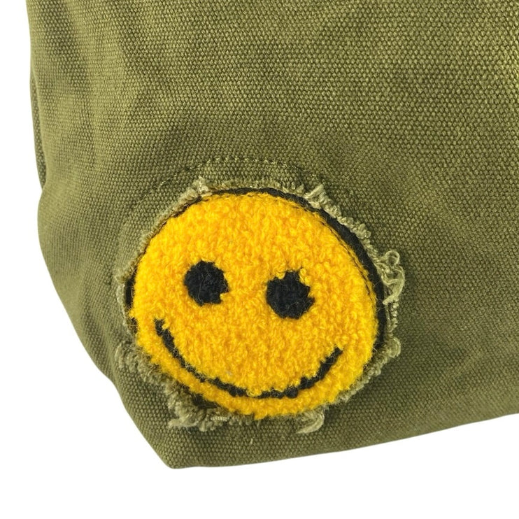 NEW Urban Outfitters Women's Army Green Smiley Patch Distressed Canvas Tote Bag