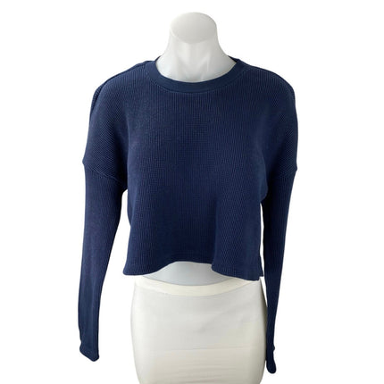 Onia Women's Navy Blue Waffle Knit Crewneck Long Sleeve Crop Sweater Top Sz S/P