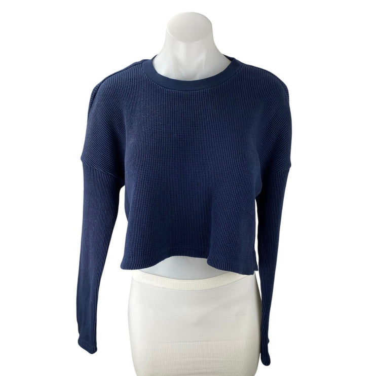 Onia Women's Navy Blue Waffle Knit Crewneck Long Sleeve Crop Sweater Top Sz S/P