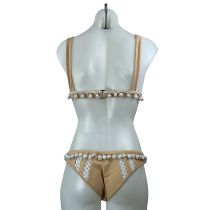 Tularosa Women's Tan Pom Pom Boho Triangle Two Piece Bikini Swimwear Size S