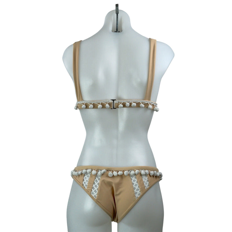 Tularosa Women's Tan Pom Pom Boho Triangle Two Piece Bikini Swimwear Size S