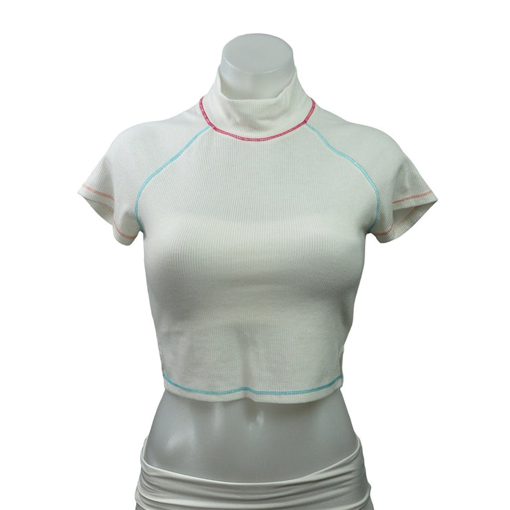 Polly Women's White Mock Neck Ribbed Knit Short Sleeve T Shirt Crop Top Size 6