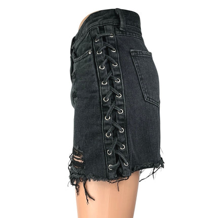 Denim TwentyFourSeven Lace Up Distressed Cut Off Mini Denim Jean Skirt Size 32