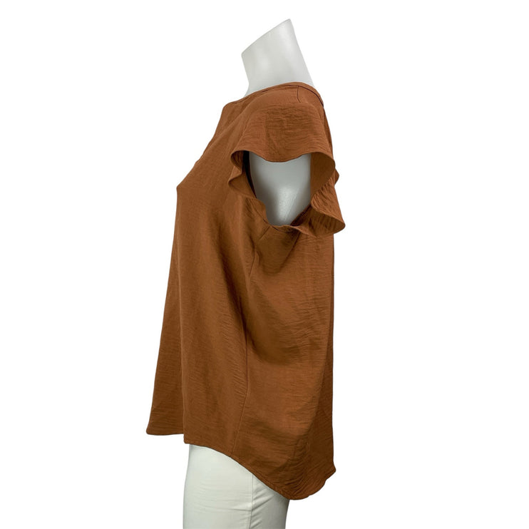 Adrianna Papell Women's Brown V Neck Flutter Sleeve High Low Blouse Top Size S