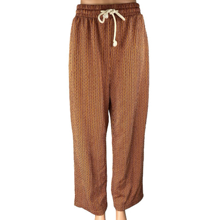 Zara Brown Striped Elastic Waist Drawstring Wide Leg Trousers Lounge Pants Sz L