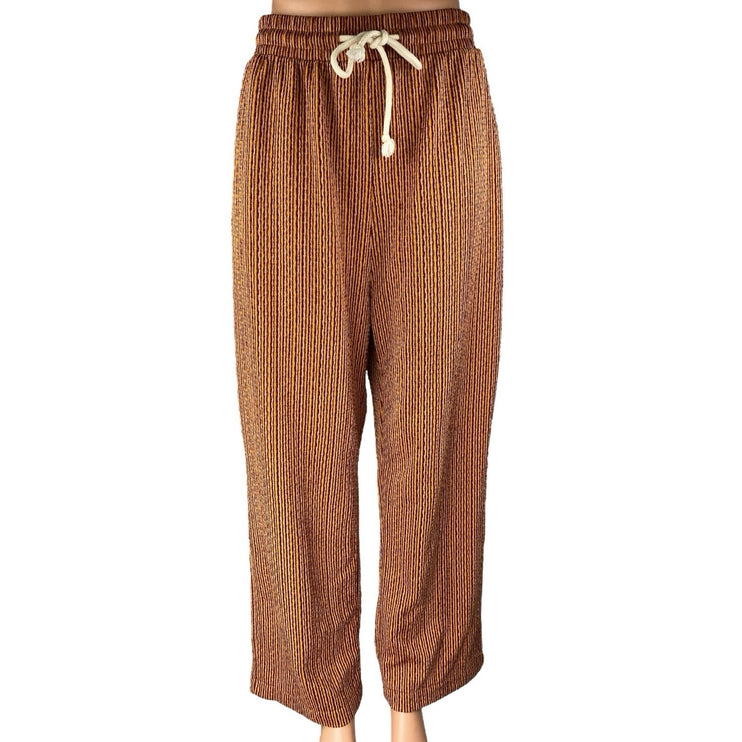 Zara Brown Striped Elastic Waist Drawstring Wide Leg Trousers Lounge Pants Sz L