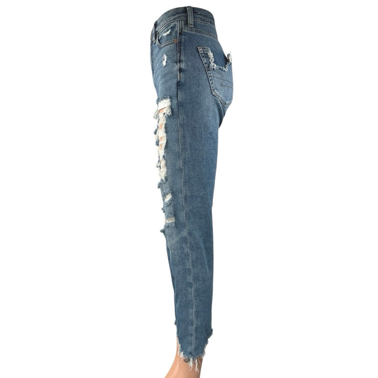 American Eagle Women's Blue Distressed Stretch High Rise Mom Denim Jeans Size 0