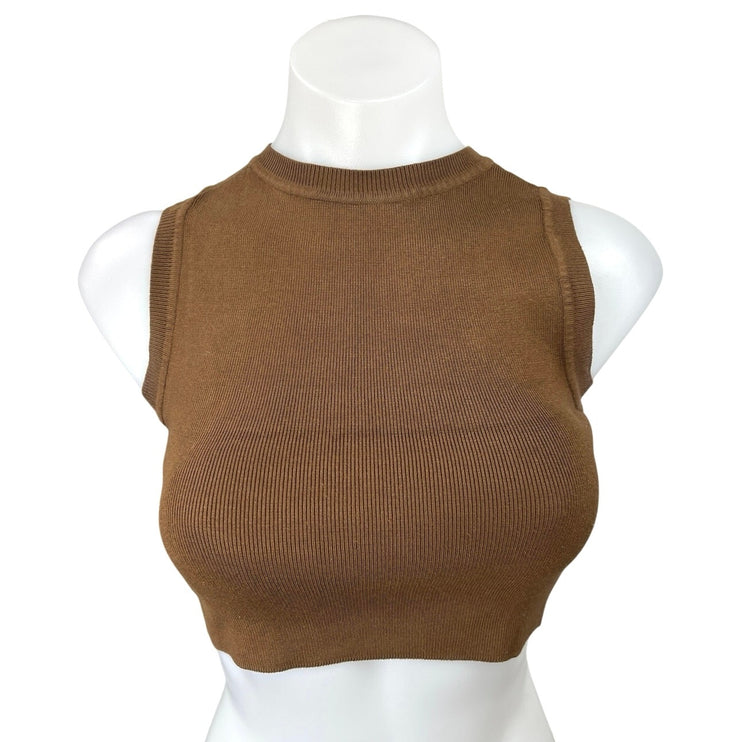 Zara Women's Brown Rib Knit Mock Neck Sleeveless Pullover Crop Tank Top Size M