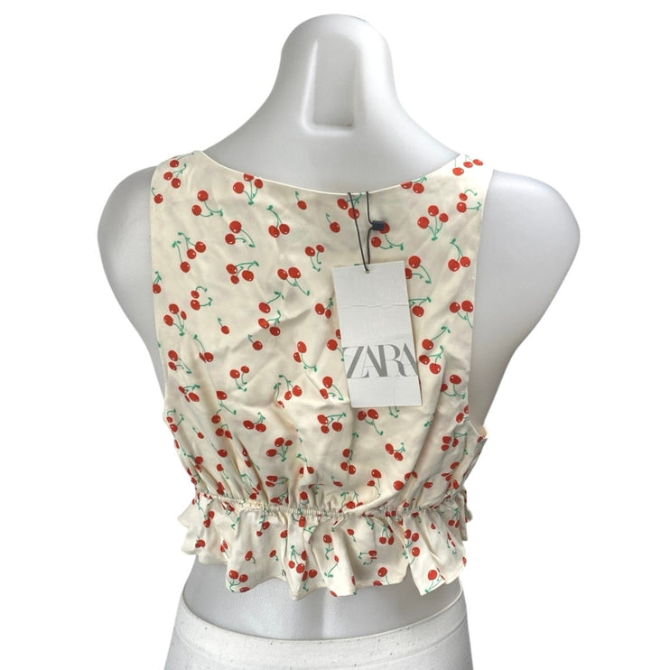 NEW Zara Cream Cherries Print Silky Satin Sleeveless Peplum Crop Tank Top Size S