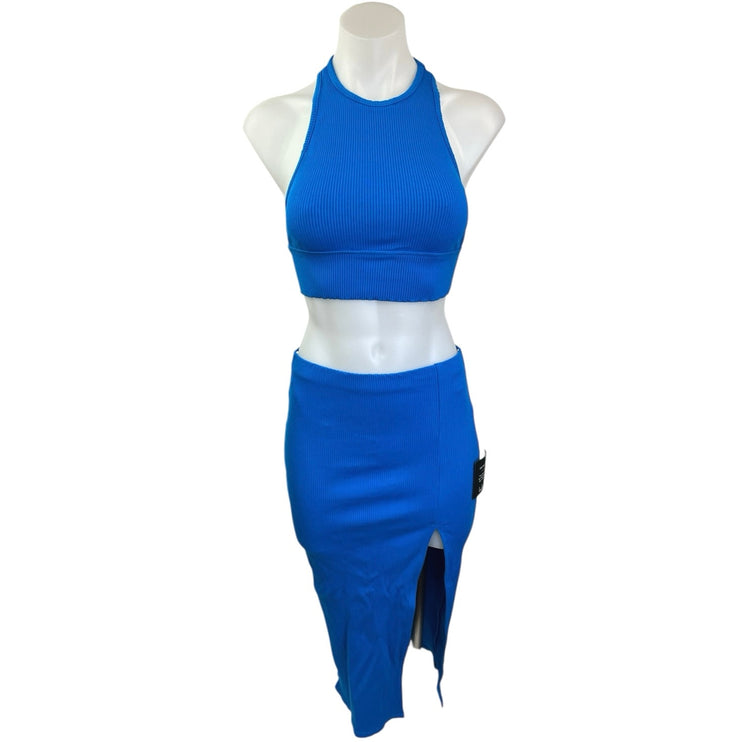 NEW Lulus Blue Ribbed Knit Racerback Crop Top & Pencil Skirt 2 Piece Set XS-S