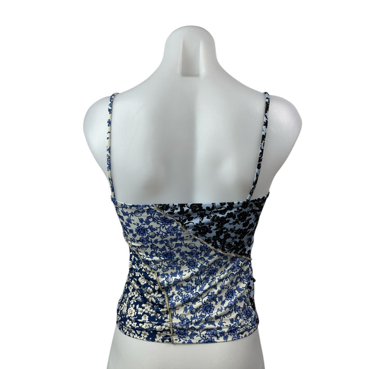 MNG Mango Womens Floral Blue Sleeveless Patchwork Cami Camisole Tank Top Size S