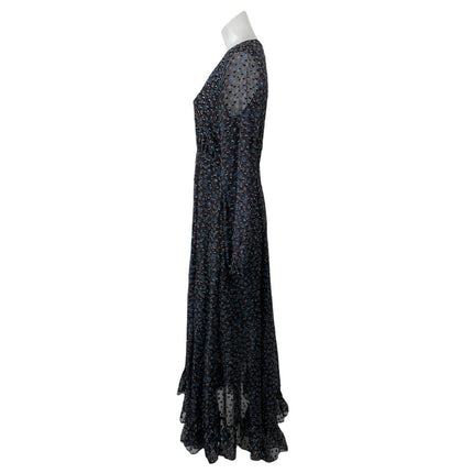 Maje Revana Black Floral Long Sleeve Mesh V Neck Ruffle A Line Maxi Dress Size 1