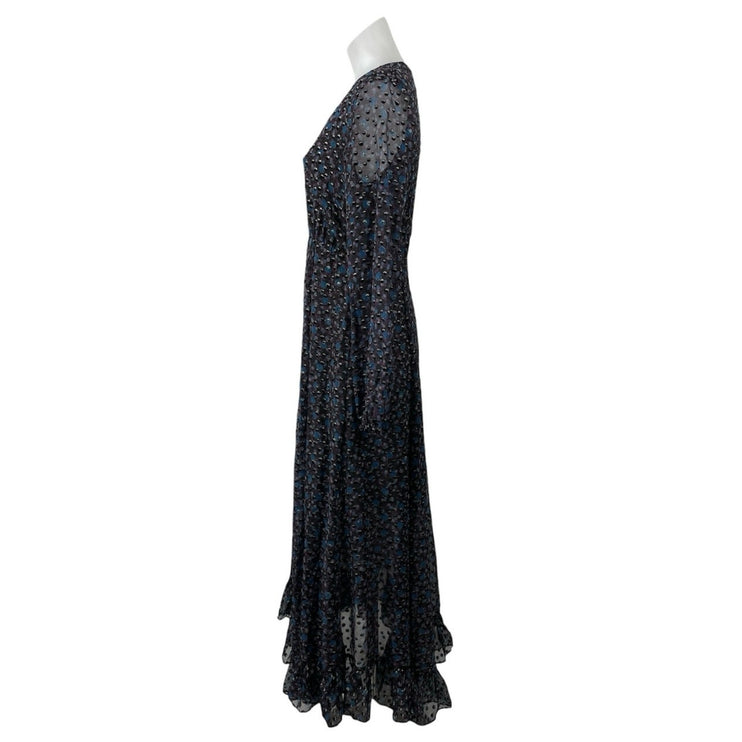 Maje Revana Black Floral Long Sleeve Mesh V Neck Ruffle A Line Maxi Dress Size 1
