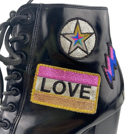 ALDO Glitteratti Black Patchworks Lace Up High Heels Ankle Combat Boots Size 8.5