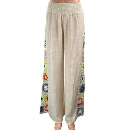 Elan Women Beige Floral Crochet Knit High Rise Smocked Wide Leg Trousers Pants M