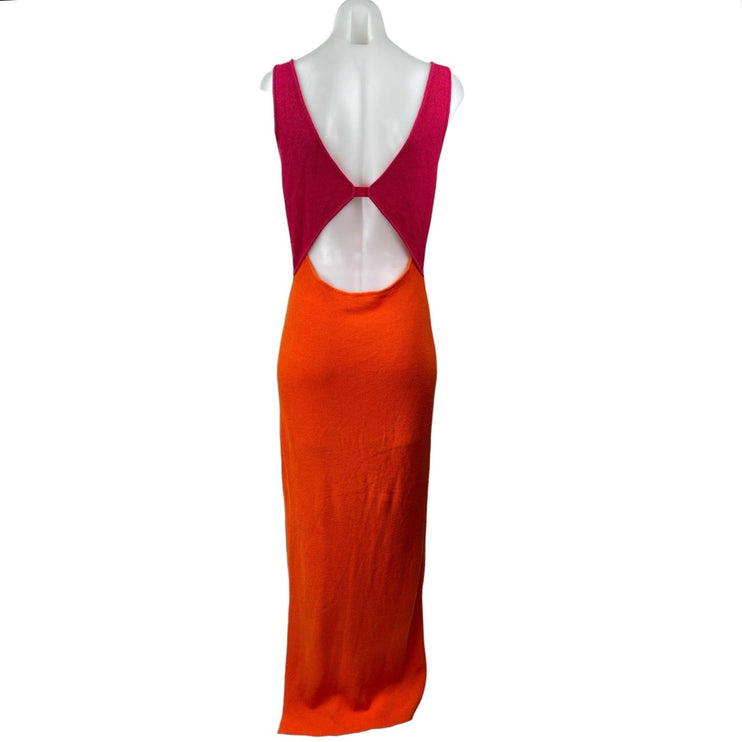 Aiblee Orange Pink Colorblock Cut Out Sleeveless V Neck Maxi bodycon Dress Sz M
