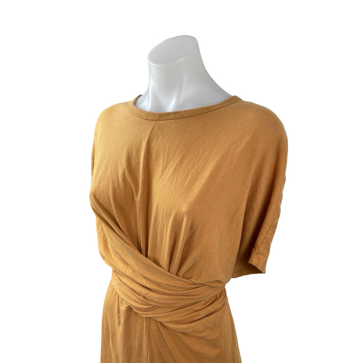 Zara Yellow Gold Half Sleeve Round Neck Wrap Waist Drape A Line Maxi Dress M