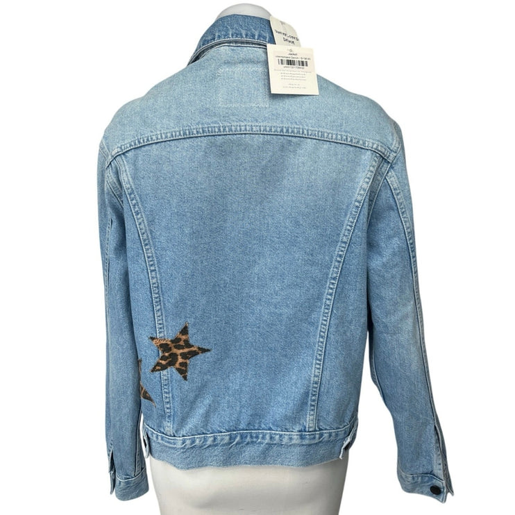 NEW Unemployed Denim Blue Star Leopard Patches Button Collar Jean Coat Jacket M
