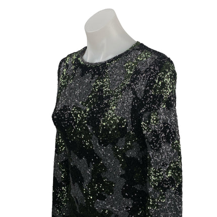 Zara Black Green Camo Sequin Sparkly Long Sleeve Crew Neck Mini Bodycon Dress M