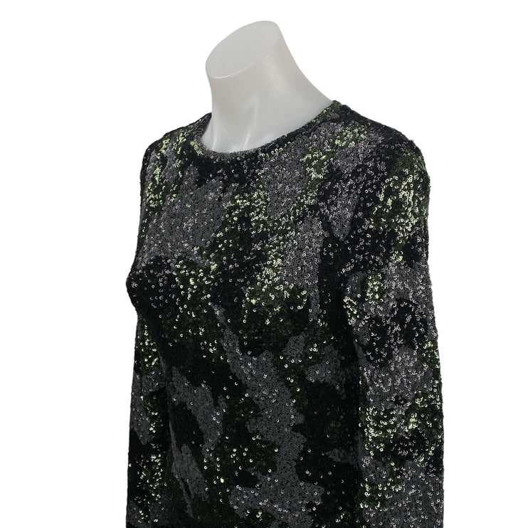 Zara Black Green Camo Sequin Sparkly Long Sleeve Crew Neck Mini Bodycon Dress M